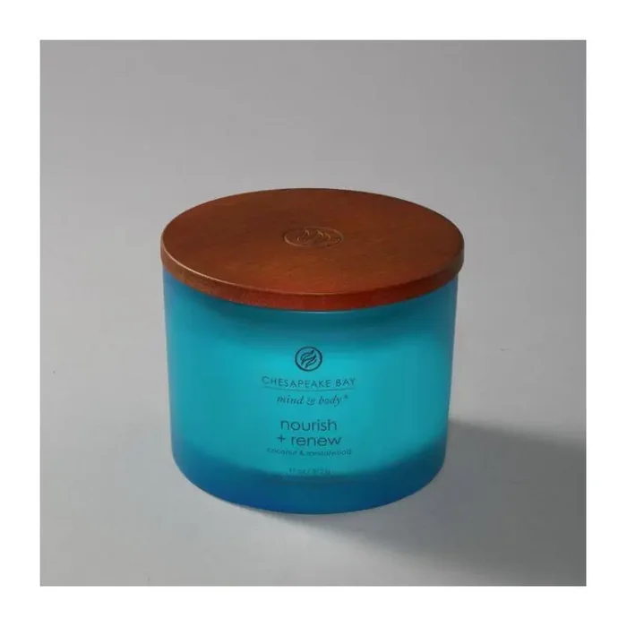 3-Wick Frosted Glass Nourish + Renew Lidded Jar Candle Light Blue 11oz – Mind & Body by Chesapeake Bay Candle Soy Wax, Essential Oils