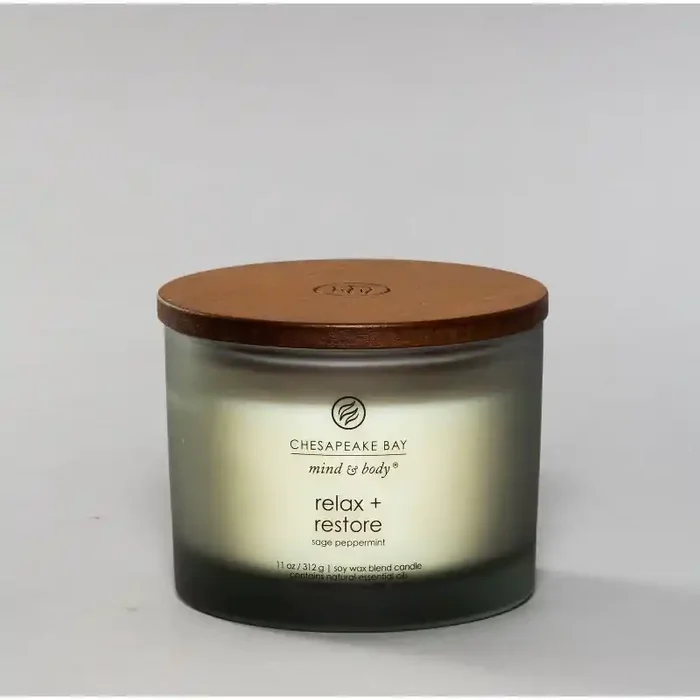 3-Wick Frosted Glass Relax + Restore Lidded Jar Candle Light Gray 11oz – Mind & Body by Chesapeake Bay Candle Essential Oils, Soy Wax Blend