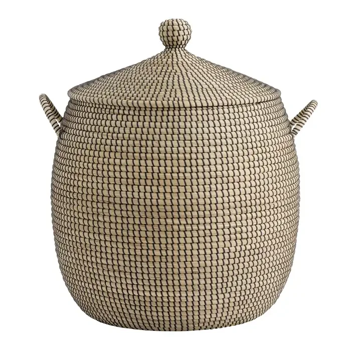 Adira Oversized Black and Natural Seagrass Basket with Lid