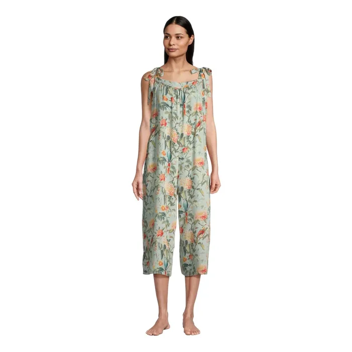 Alayna Aqua Floral And Bird Pajama Jumpsuit With Pockets