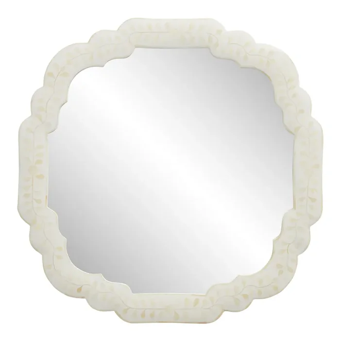 Anala Round White Wood and Bone Inlay Wall Mirror