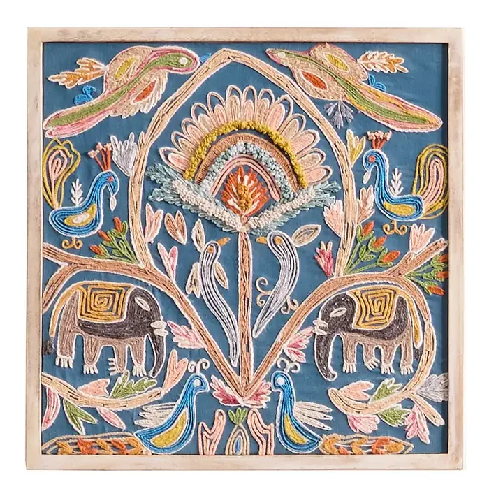 Animal and Floral Embroidered Cotton Framed Wall Art