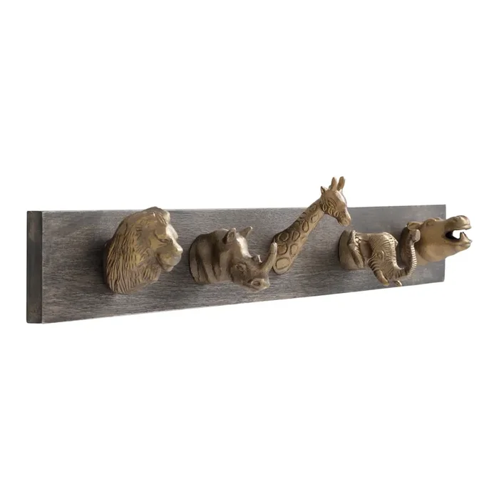 Antique Brass and Wood Safari Animal Wall Rack