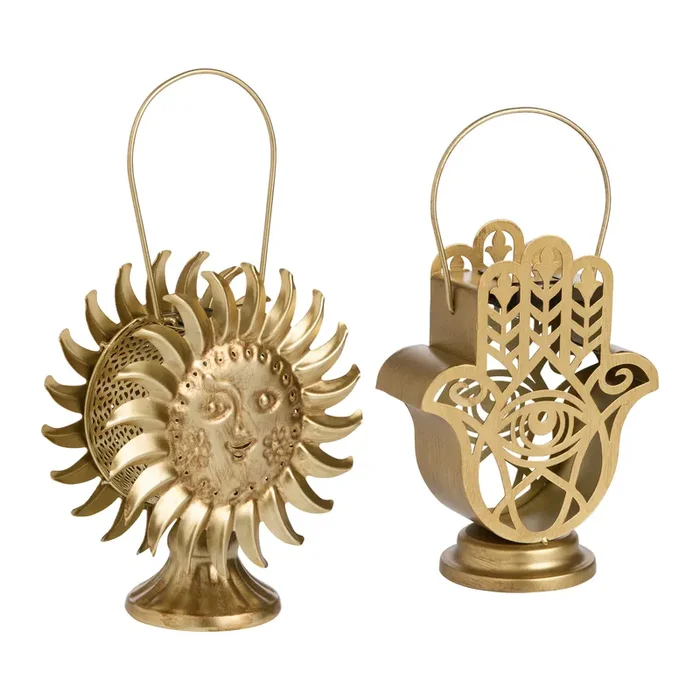 Antique Gold Punched Metal Figural Solar LED Lantern