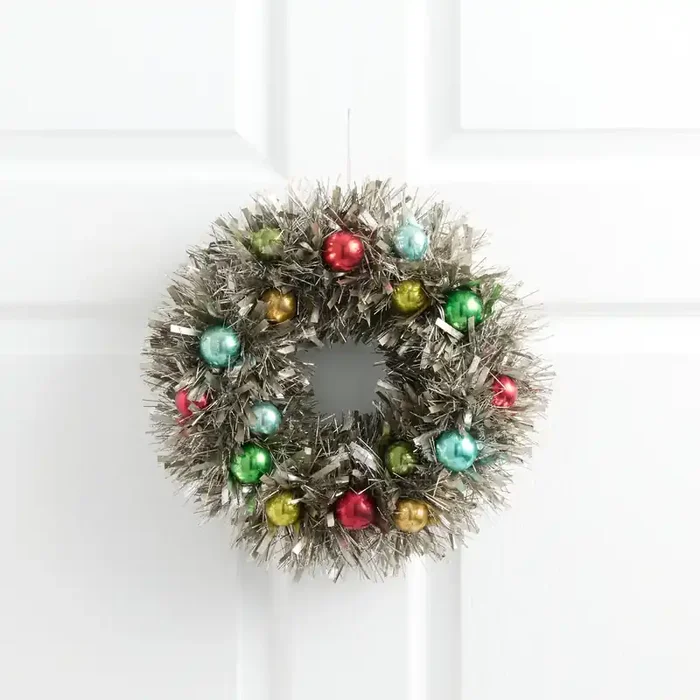 Antique Silver Retro Tinsel with Ball Ornaments Wreath