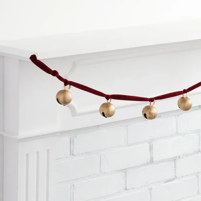 Antiqued Gold Metal Bell And Burgundy Velvet Garland