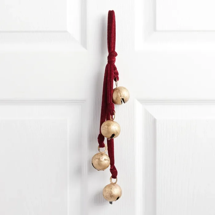 Antiqued Gold Metal Bell And Burgundy Velvet Hanging Decor