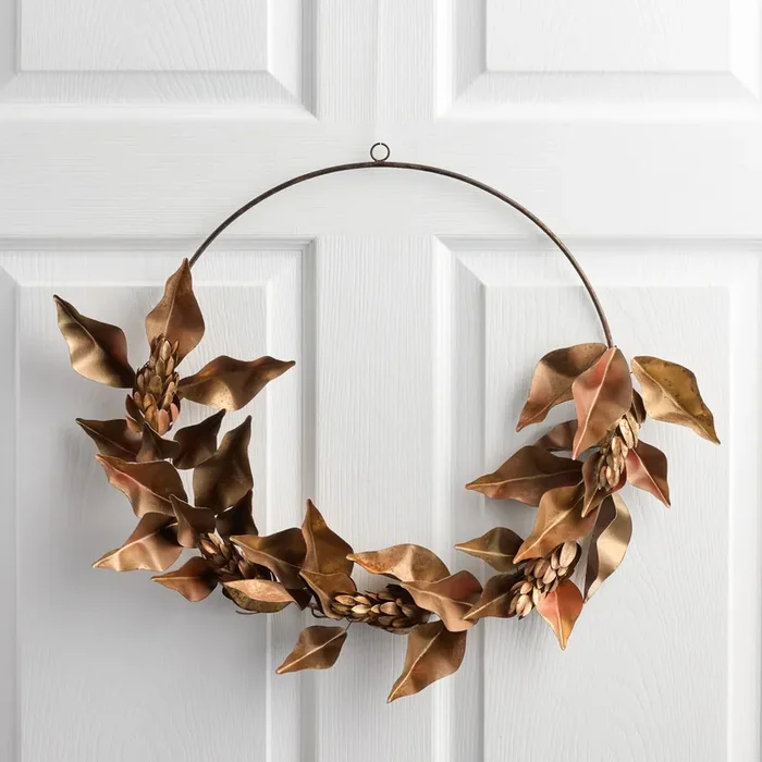 Antiqued Gold Metal Magnolia Leaf Wreath