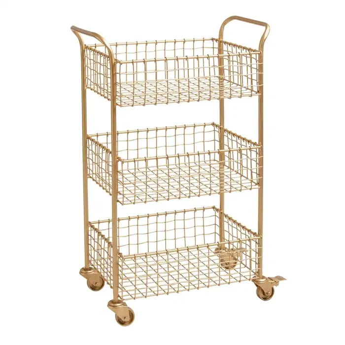Antonia Gold Wire Basket 3 Tier Rolling Cart