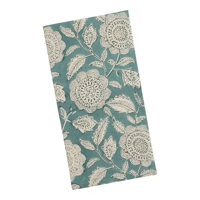 Aqua and White Floral Block Print Napkin Set of 4