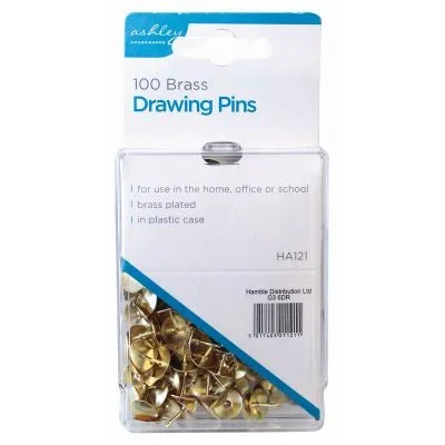 Ashley Housewares Brass Drawing Pins in Plastic Case 100 pack