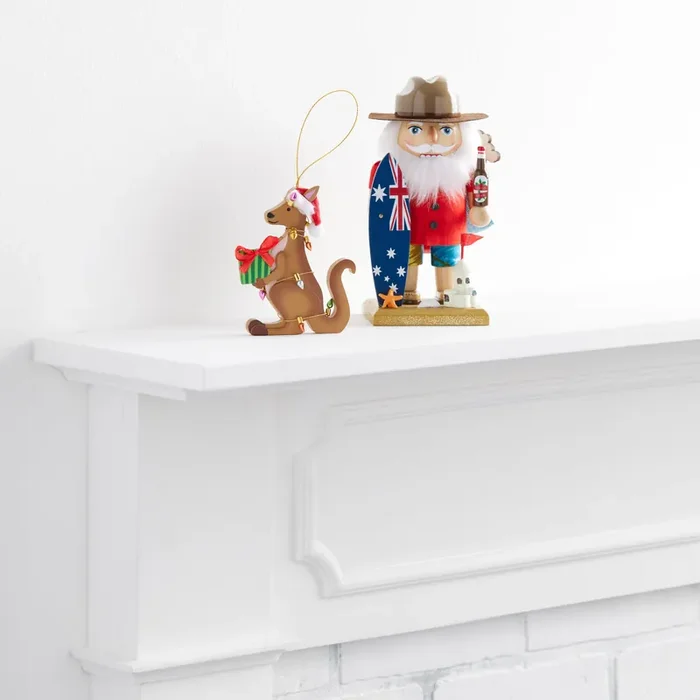 Australian Santa Claus Nutcracker and Kangaroo Ornament Set