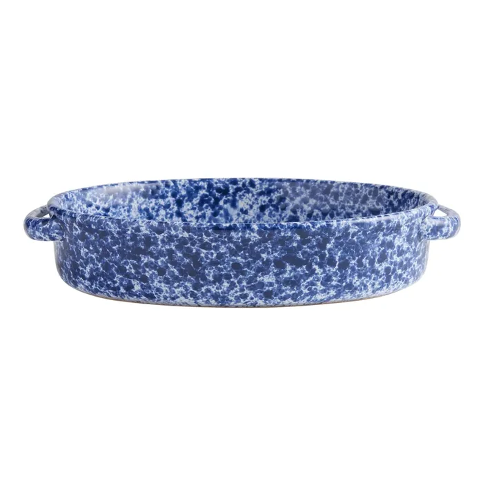 Awaken Oval Blue and White Speckled Ceramic Baking Dish