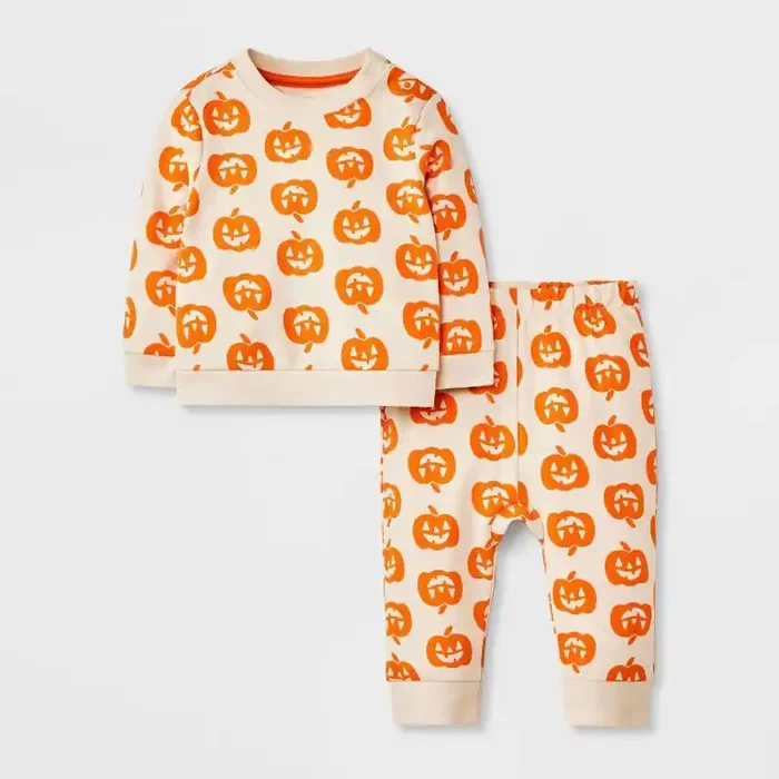 Baby 2pc Halloween Pumpkin French Terry Sweatshirt & Jogger Pants Set – Cat & Jack™ Cream 9M