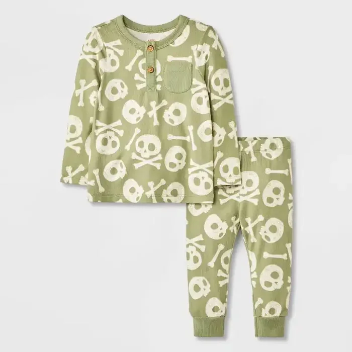 Baby 2pc Halloween Skull & Bones Long Sleeve T-Shirt & Jogger Set – Cat & Jack™ Green 18M