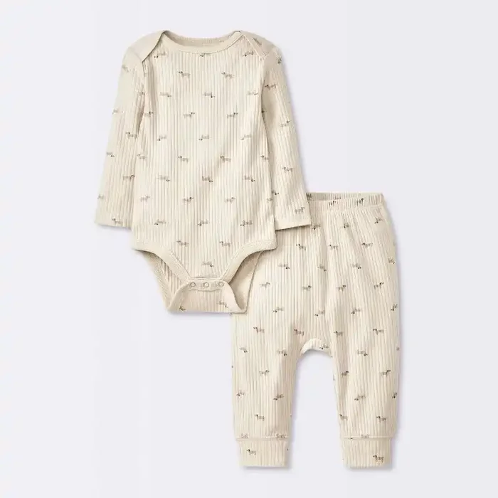 Baby 2pc Weiner Dogs Wide Ribbed Top & Bottom Set – Cloud Island™ Khaki Newborn Cotton Bodysuit & Pull-On Pant, Animal Pattern