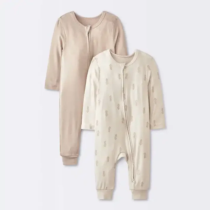 Baby 2pk Leaf So Very Soft Modal Blend Romper – Cloud Island™ Cream 6-9M Solid & Shapes, Long Sleeve, Ankle Length