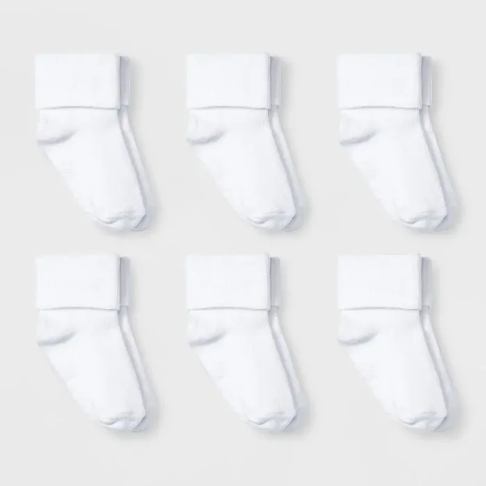 Baby 6pk Turn Cuff Socks – Cat & Jack™ White 12-24M Low Cut Knit, Solid Pattern, Tumble Dry
