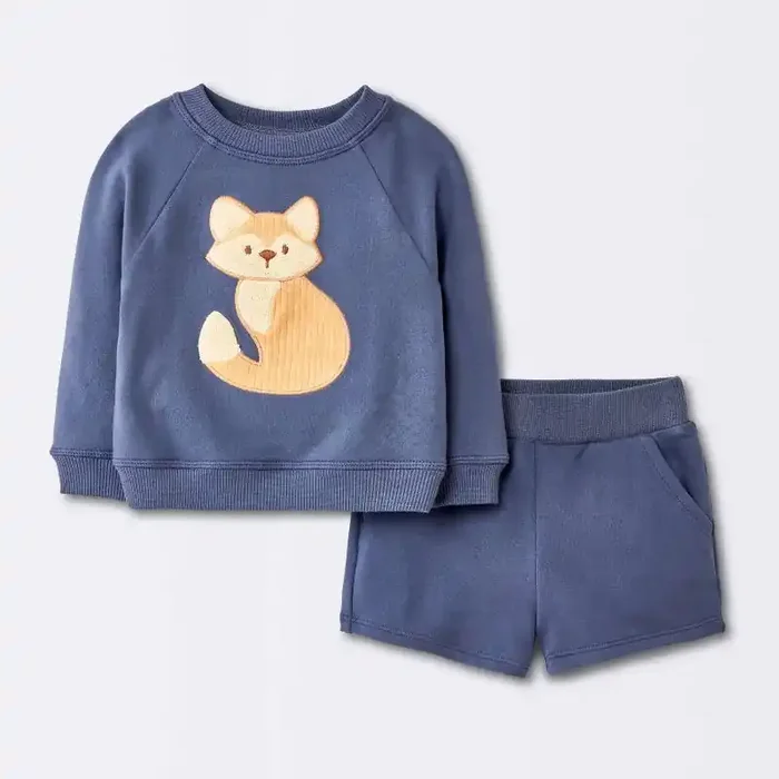 Baby Boys‘ 2pc Fox Applique Sweatshirt & Shorts Set – Cloud Island™ Navy Blue 0-3M