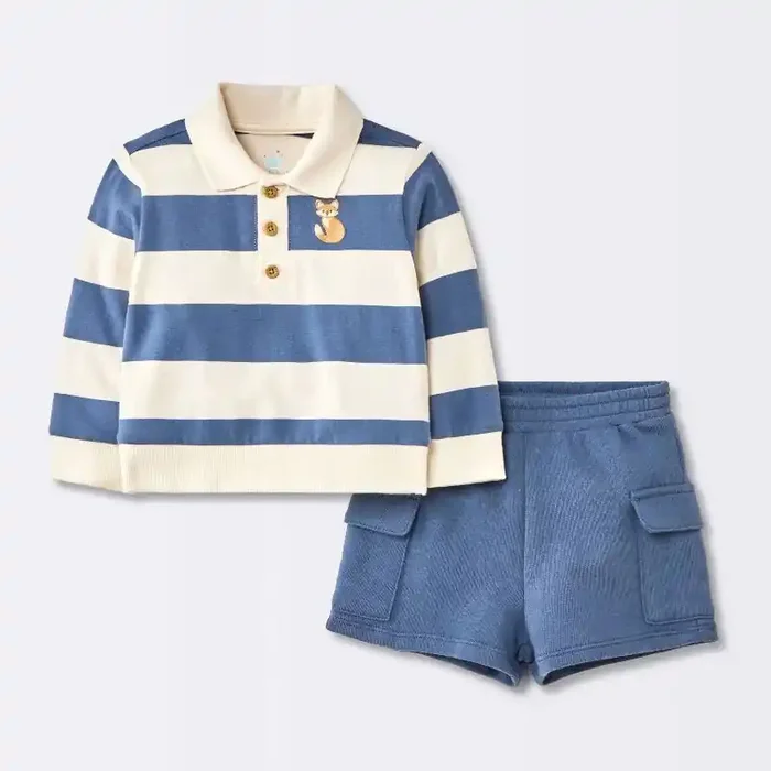 Baby Boys‘ 2pc Fox Striped Polo Shorts Set – Cloud Island™ Navy Blue 24M
