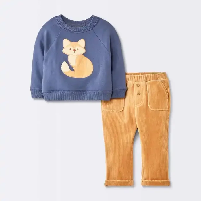 Baby Boys‘ 2pc Fox Sweatshirt & Corduroy Pants Set – Cloud Island™ Navy Blue 12M
