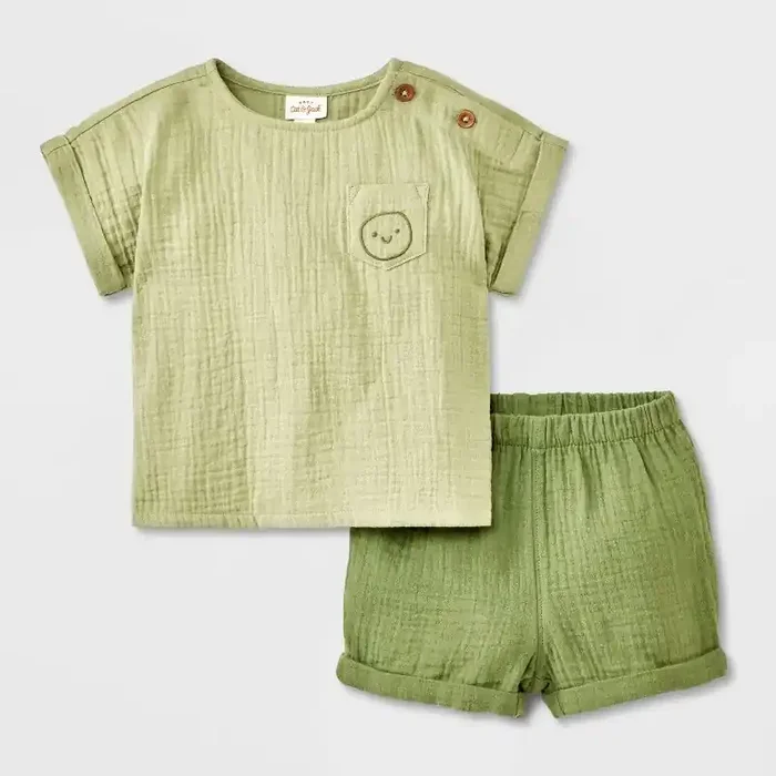 Baby Boys‘ 2pc Smiley Embroidered Pocket Gauze Shorts Set – Cat & Jack™ Green 0-3M