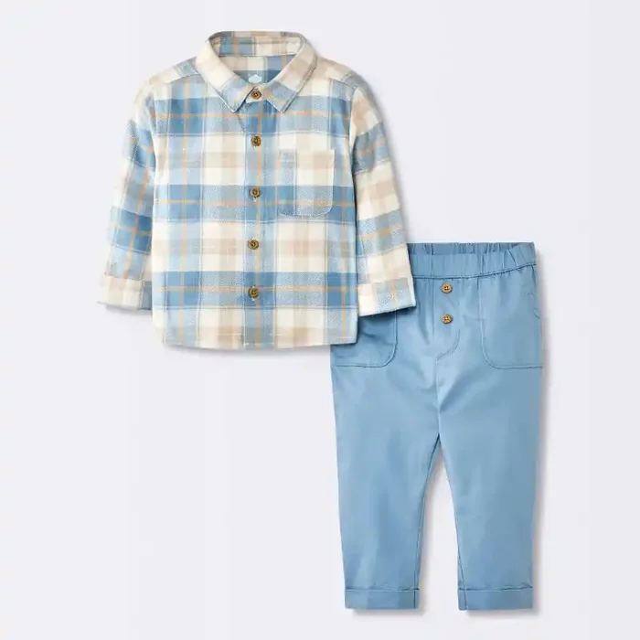 Baby Boys‘ Flannel Button-Down Top & Pants Set – Cloud Island™ Blue Newborn