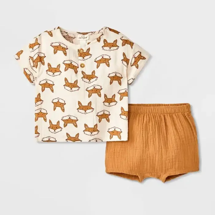Baby Boys‘ Fox Printed Henley Gauze Shorts Set – Cat & Jack™ Cream 6-9M