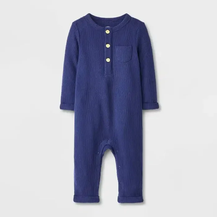 Baby Boys‘ Henley Cozy Long Sleeve Romper – Cat & Jack™ Navy Blue 3-6M