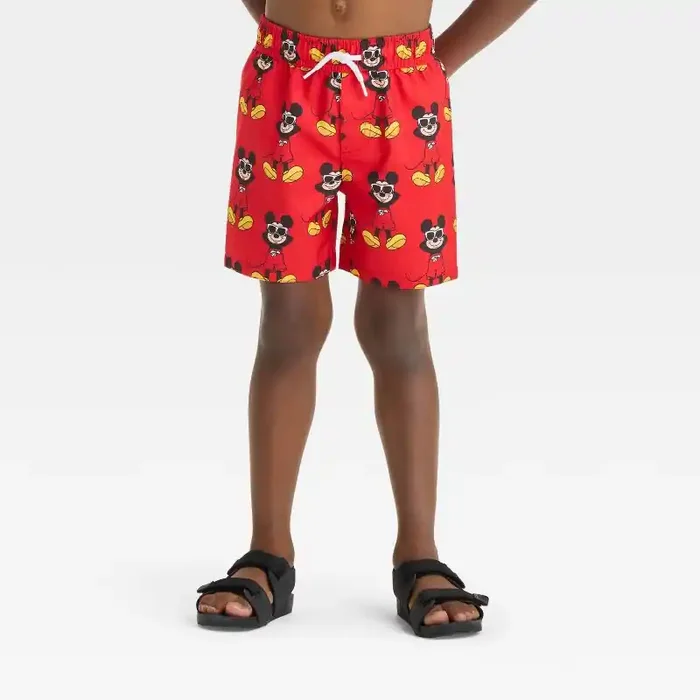 Baby Boys‘ Mickey Mouse Swim Shorts – Red 18M Polyester Microfiber, Tagless, Mid Rise, Front Drawstring, UPF 50+ Protection
