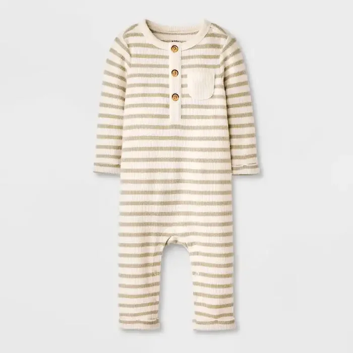 Baby Boys‘ Striped Henley Cozy Long Sleeve Romper – Cat & Jack™ Off-White 0-3M