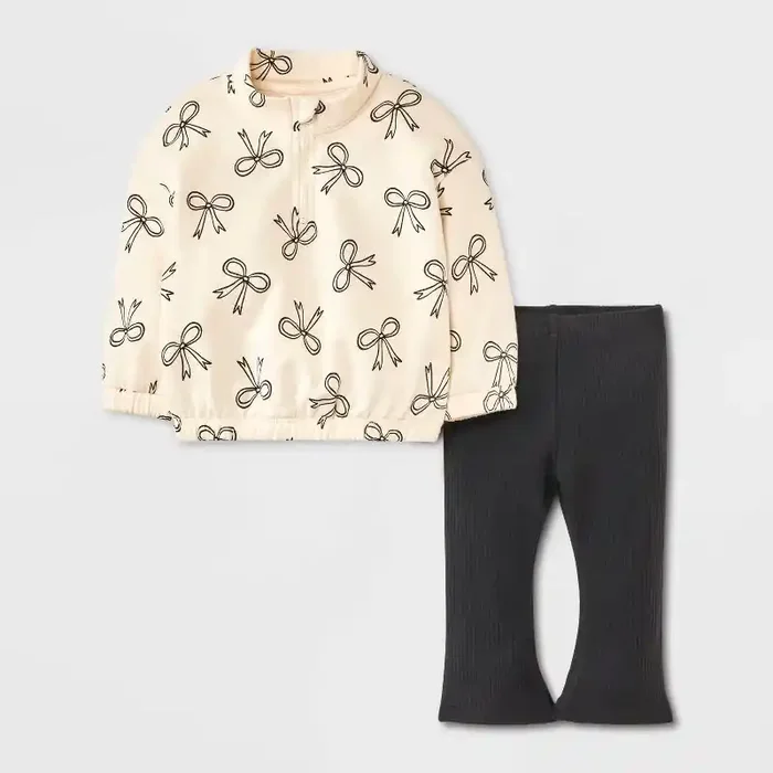 Baby Girls‘ 2pc Bow Fleece Sweatshirt & Pants Set – Cat & Jack™ Beige 12M