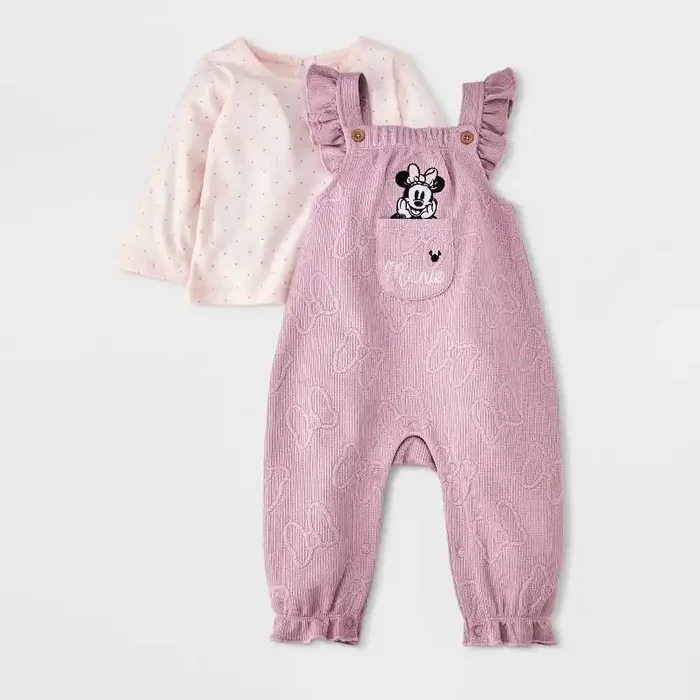 Baby Girls‘ 2pc Disney Minnie Mouse Long Sleeve T-Shirt & Embossed Overalls Set – Pink 3-6M