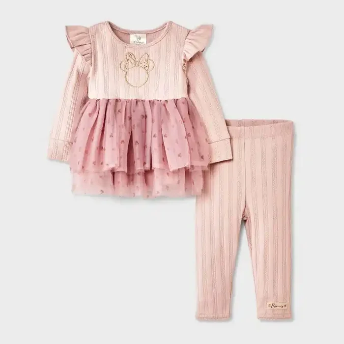 Baby Girls‘ 2pc Disney Minnie Mouse Long Sleeve Tulle Dress and Leggings Set – Pink 18M