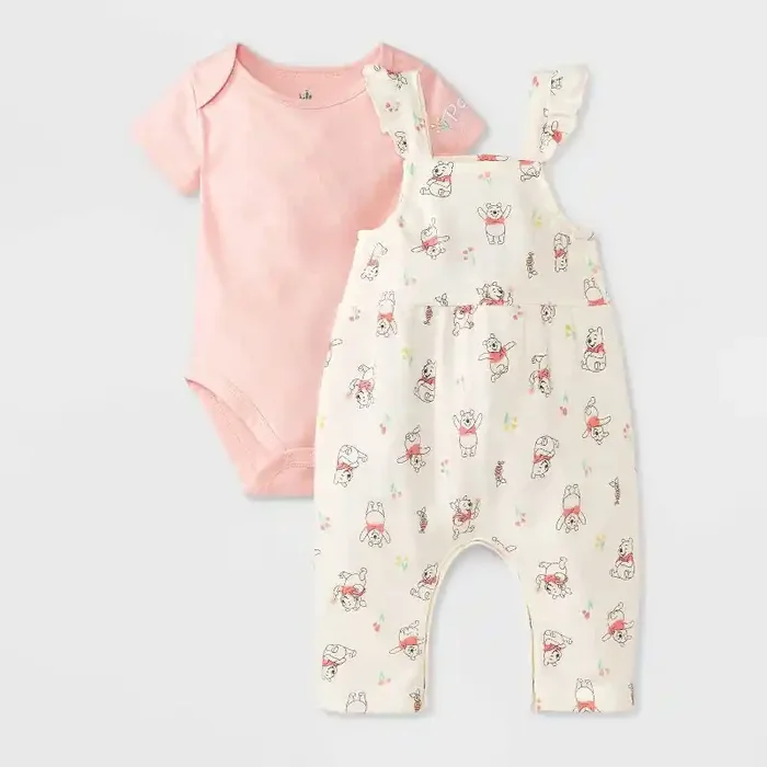 Baby Girls‘ 2pc Disney Winnie The Pooh Overalls & Bodysuit Set – White/Pink 6-9M