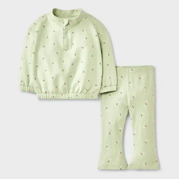 Baby Girls‘ 2pc Floral Fleece Sweatshirt & Jogger Pants Set – Cat & Jack™ Mint Green 18M