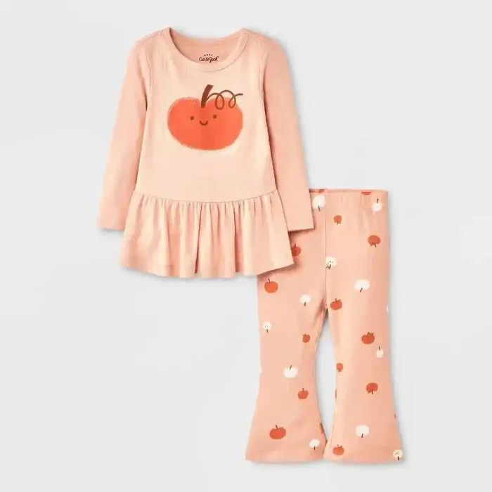 Baby Girls‘ 2pc Halloween Pumpkin Peplum Flared Leggings Set – Cat & Jack™ Peach Orange 6-9
