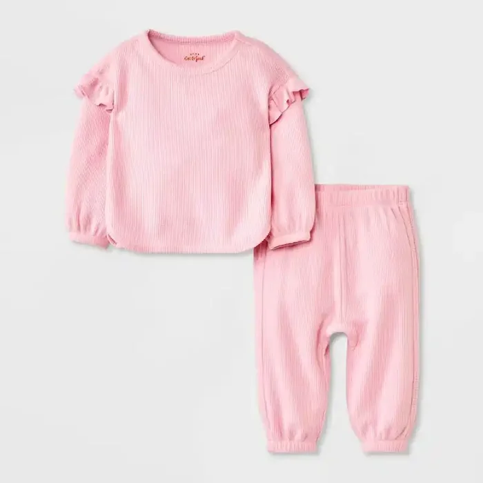 Baby Girls‘ 2pc Ruffle Cozy Thermal Sweatshirt & Jogger Pants Set – Cat & Jack™ Pink 3-6M