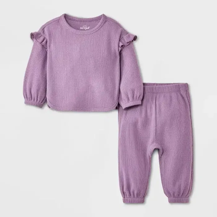 Baby Girls‘ 2pc Ruffle Cozy Thermal Sweatshirt & Jogger Pants Set – Cat & Jack™ Purple 12M