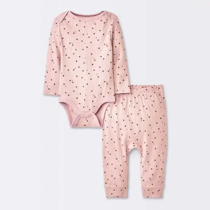 Baby Girls‘ 2pc Stars Wide Ribbed Long Sleeve Top & Pants Set – Cloud Island™ Pink 0-3M