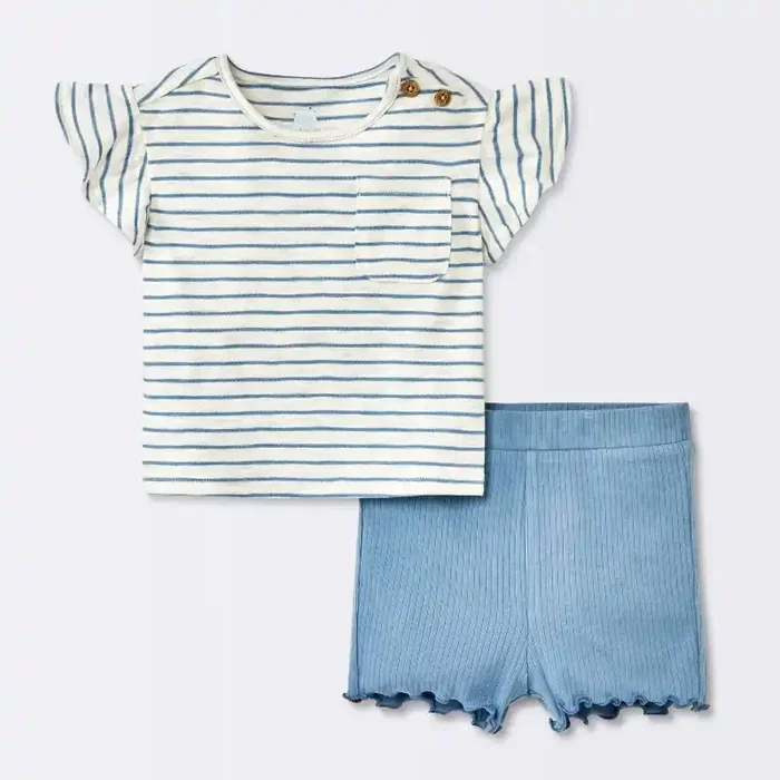 Baby Girls‘ 2pc Striped Pocket T-Shirt & Bike Shorts Set – Cloud Island™ Blue 0-3M
