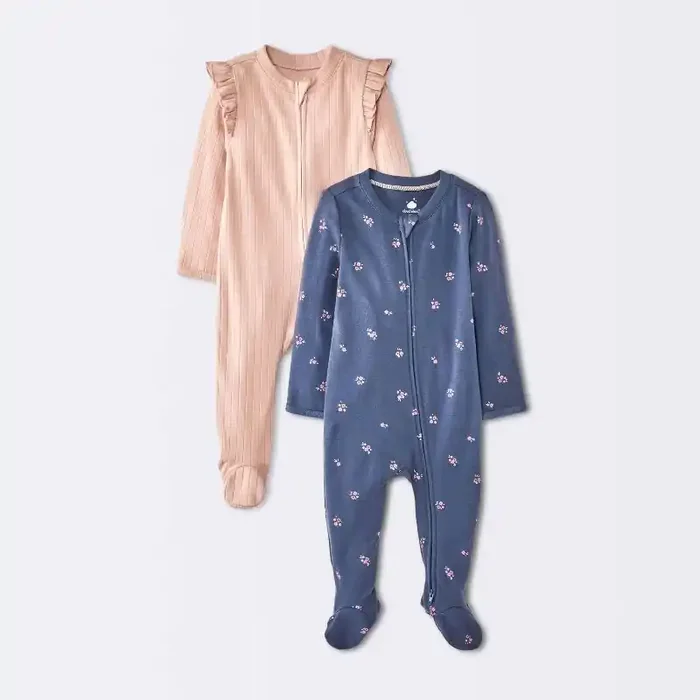Baby Girls‘ 2pk Cozy Wide Ribbed Floral Sleep N‘ Play – Cloud Island™ Pink/Blue 6-9M