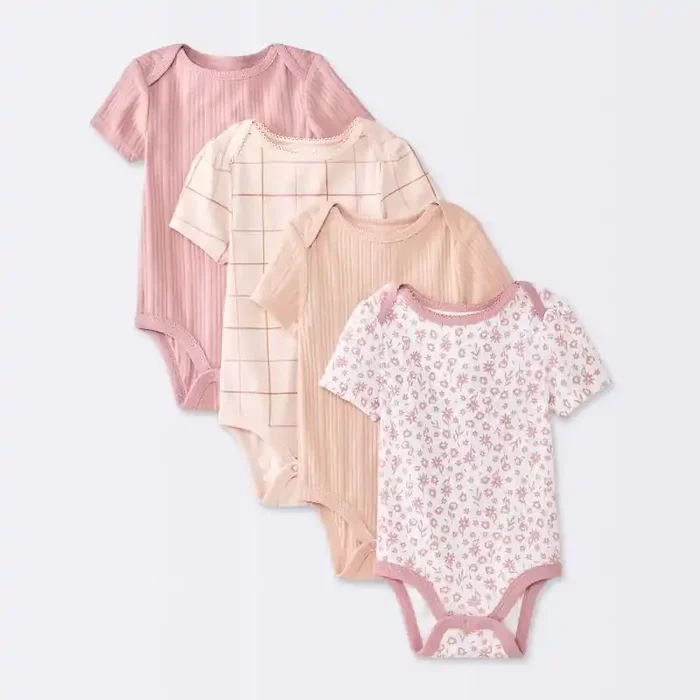 Baby Girls‘ 4pk Floral Short Sleeve Bodysuits – Cloud Island™ Peach/Pink 6-9M