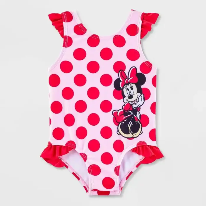 Baby Girls‘ Disney Minnie Mouse One Piece Swimsuit – Pink 6M UPF 50+ Rash Guard, Polyester Spandex Blend, Tagless Design