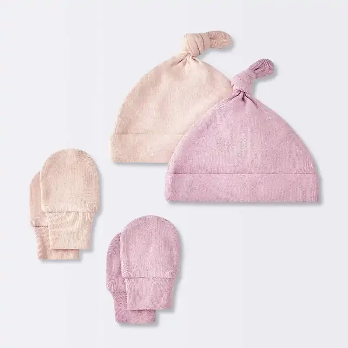 Baby Girls‘ Hat and Mitten Combo Bonnets – Cloud Island™ Pink 0-3M Cotton, Double-Layered, Knot Detail, Machine Washable