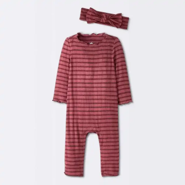 Baby Girls‘ Jacquard Checkered Romper & Headband – Cloud Island™ Burgundy 6-9M