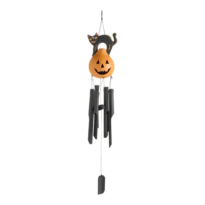 Bamboo Jack O Lantern and Cat Wind Chime