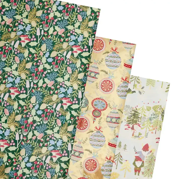 Bauble, Branch and Gnome Holiday Wrapping Paper Rolls 3 Pack