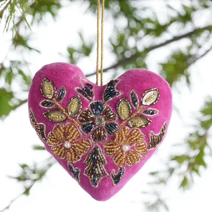 Beaded Velvet Floral Heart Ornament