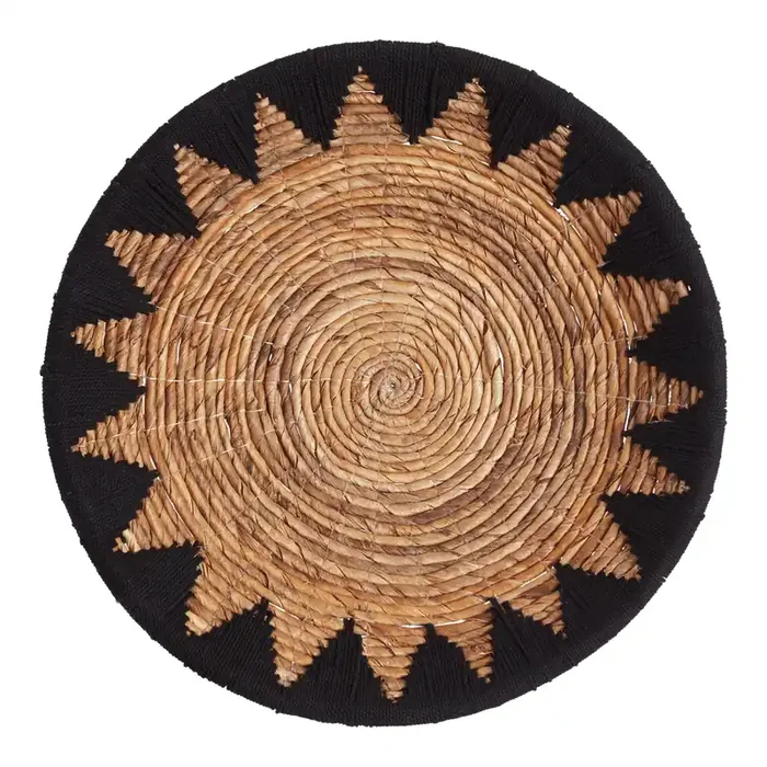 Black And Natural Banana Bark Sun Woven Disc Wall Decor